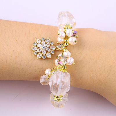 Brazalete de piedra preciosa hecha a mano con amuletos ajustables Brazalete de cuarzo claro de piedra natural Joyería de perlas para el uso diario de la fiesta
