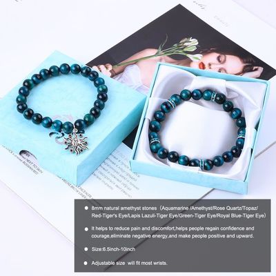 El brazalete de la mano de la piedra de la cara del tigre azul turquesa redonda elástica con cuentas