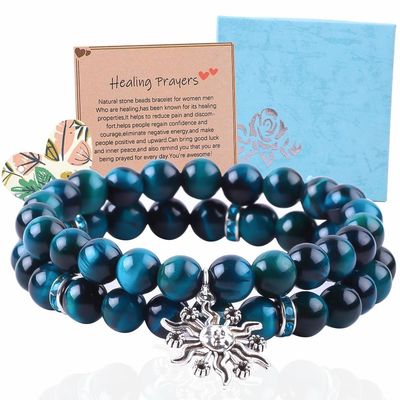 El brazalete de la mano de la piedra de la cara del tigre azul turquesa redonda elástica con cuentas