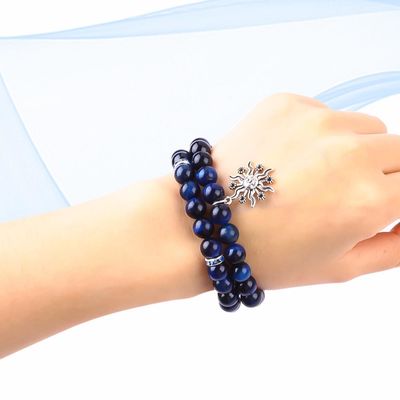 Elástico redondo azul oscuro 8mm Ojo de tigre de piedra preciosa Brazalete Energía curativa Joyería