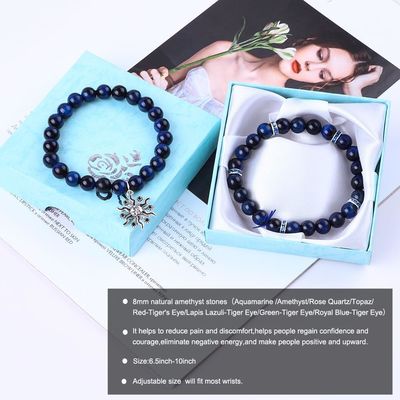 Elástico redondo azul oscuro 8mm Ojo de tigre de piedra preciosa Brazalete Energía curativa Joyería