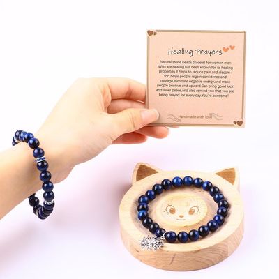 Elástico redondo azul oscuro 8mm Ojo de tigre de piedra preciosa Brazalete Energía curativa Joyería