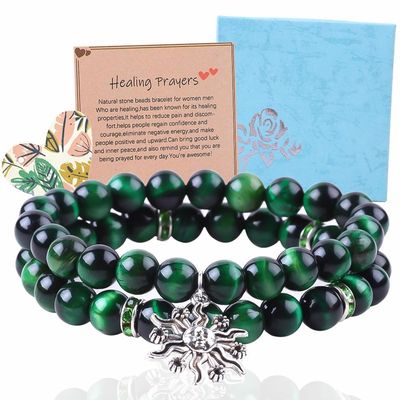 Hecho a mano Verde redondo de 10 mm Brazalete de cuentas de ojo de tigre Cristal de curación
