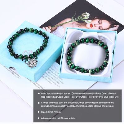 Hecho a mano Verde redondo de 10 mm Brazalete de cuentas de ojo de tigre Cristal de curación