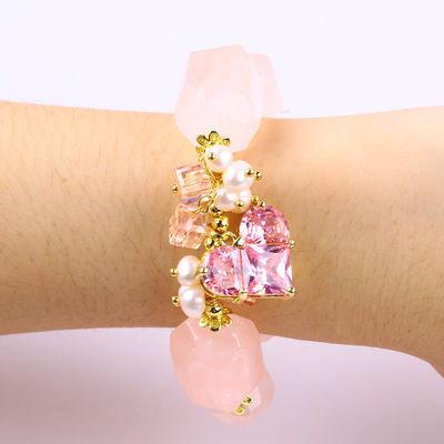 Brazalete de piedra preciosa hecha a mano con amuletos ajustables Brazalete de piedra natural de cuarzo rosa Joyería de perlas para fiesta Uso diario