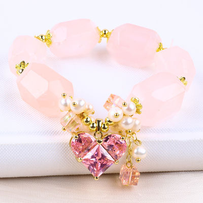 Brazalete de piedra preciosa hecha a mano con amuletos ajustables Brazalete de piedra natural de cuarzo rosa Joyería de perlas para fiesta Uso diario