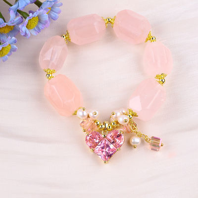 Brazalete de piedra preciosa hecha a mano con amuletos ajustables Brazalete de piedra natural de cuarzo rosa Joyería de perlas para fiesta Uso diario