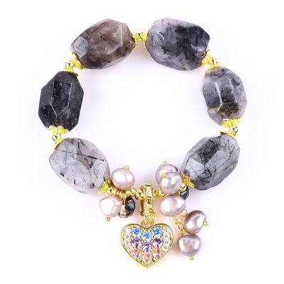 Brazalete de piedras preciosas hechas a mano con encanto ajustable Negro Rutilato Cuarzo Brazalete de piedra natural Joyería de perlas para el uso diario