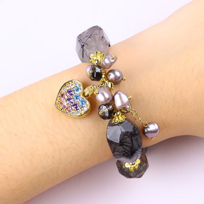 Brazalete de piedras preciosas hechas a mano con encanto ajustable Negro Rutilato Cuarzo Brazalete de piedra natural Joyería de perlas para el uso diario