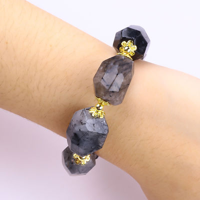Brazalete de piedras preciosas hechas a mano con encanto ajustable Negro Rutilato Cuarzo Brazalete de piedra natural Joyería de perlas para el uso diario
