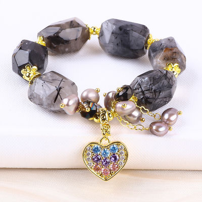 Brazalete de piedras preciosas hechas a mano con encanto ajustable Negro Rutilato Cuarzo Brazalete de piedra natural Joyería de perlas para el uso diario