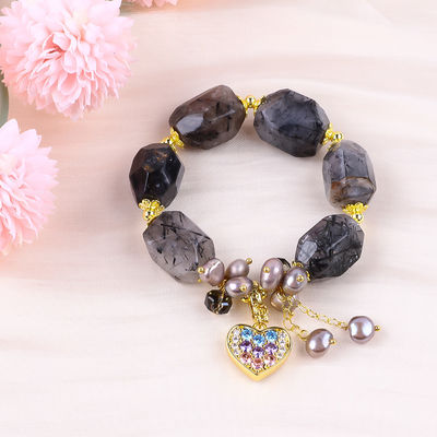 Brazalete de piedras preciosas hechas a mano con encanto ajustable Negro Rutilato Cuarzo Brazalete de piedra natural Joyería de perlas para el uso diario
