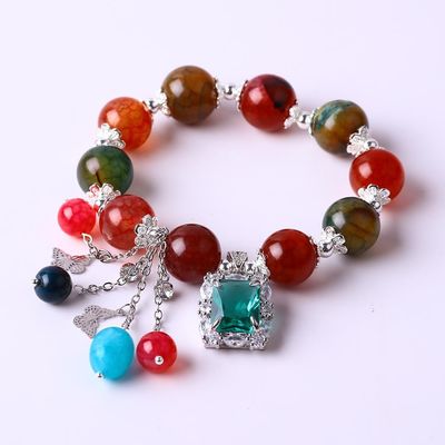 Pulsera de piedra cristalina de perlas redondas hecha a mano con amuletos de lujo
