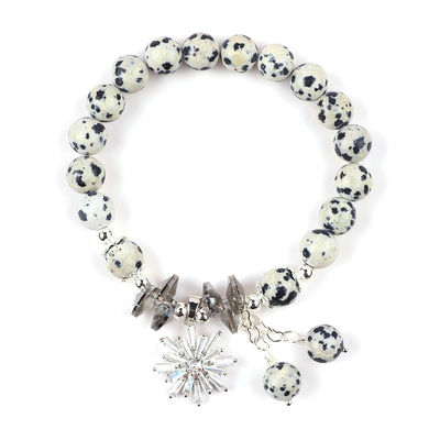 Pedra preciosa personalizada 8mm Ronda Dalamation Jasper Con Copo de Nieve Brazalete de Perlas de Encanto para Regalos
