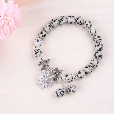 Pedra preciosa personalizada 8mm Ronda Dalamation Jasper Con Copo de Nieve Brazalete de Perlas de Encanto para Regalos