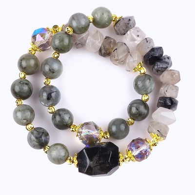 Labradorita hecha a mano multifacética y redonda de doble capa brazalete de cuentas de estiramiento para regalar