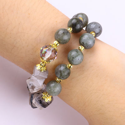 Labradorita hecha a mano multifacética y redonda de doble capa brazalete de cuentas de estiramiento para regalar