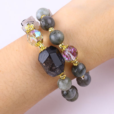 Labradorita hecha a mano multifacética y redonda de doble capa brazalete de cuentas de estiramiento para regalar