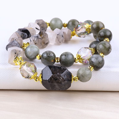 Labradorita hecha a mano multifacética y redonda de doble capa brazalete de cuentas de estiramiento para regalar
