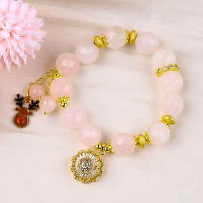 Brazalete con cuentas de piedras preciosas hecha a mano Rosa natural de cuarzo Brazalete de la jirafa ajustable para el uso diario de la fiesta