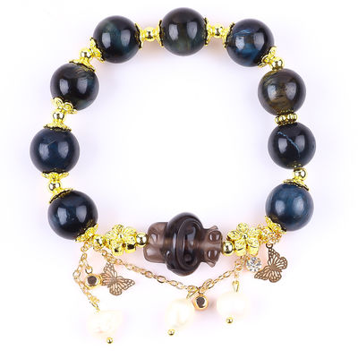 Brazalete con cuentas de piedra preciosa hecho a mano Tinta natural Ojo de tigre azul Brazalete de encanto ajustable para uso diario