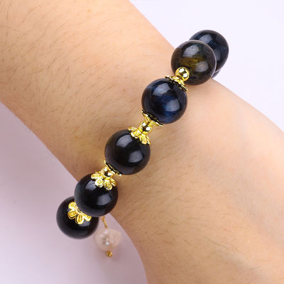 Brazalete con cuentas de piedra preciosa hecho a mano Tinta natural Ojo de tigre azul Brazalete de encanto ajustable para uso diario
