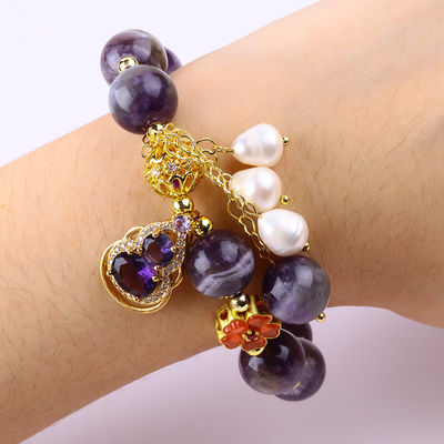 Brazalete con cuentas de piedras preciosas hecho a mano Amethyst natural Brazalete de amuletos ajustable para el uso diario
