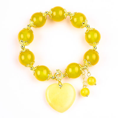 14MM Energía natural Calcedonia amarilla con tallado de corazón de jade amarillo Brazalete de cuentas de cristal de suerte