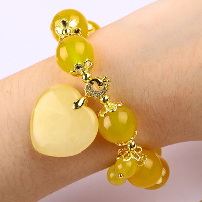14MM Energía natural Calcedonia amarilla con tallado de corazón de jade amarillo Brazalete de cuentas de cristal de suerte