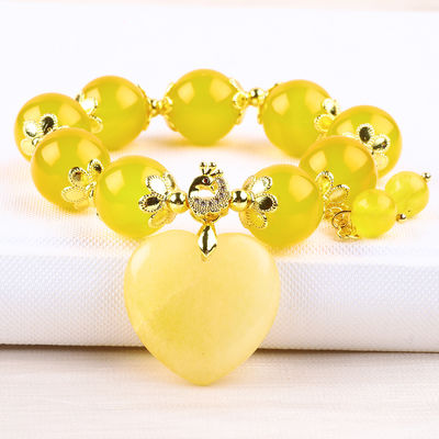 14MM Energía natural Calcedonia amarilla con tallado de corazón de jade amarillo Brazalete de cuentas de cristal de suerte