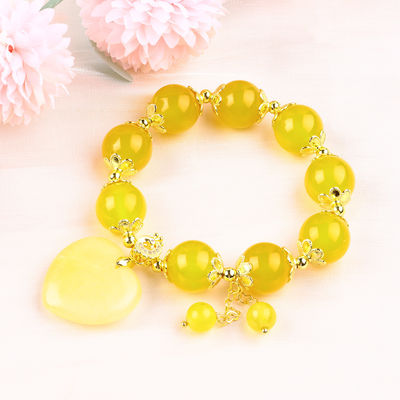 14MM Energía natural Calcedonia amarilla con tallado de corazón de jade amarillo Brazalete de cuentas de cristal de suerte