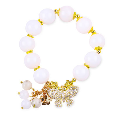 Agate Blanco Natural 14MM Cristal Circulo Único Cordón de Mano Mariposa Brazalete de Encanto Para Regalo