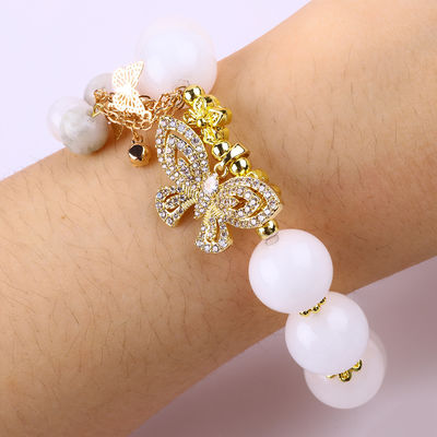 Agate Blanco Natural 14MM Cristal Circulo Único Cordón de Mano Mariposa Brazalete de Encanto Para Regalo