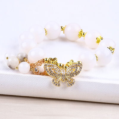 Agate Blanco Natural 14MM Cristal Circulo Único Cordón de Mano Mariposa Brazalete de Encanto Para Regalo