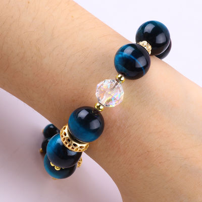 14MM Cristales de curación energética Ojo de tigre azul de flor giratorio Brazalete de perlas de encanto para el uso diario