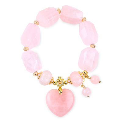 14MM Multifacético Rosa de piedra de cuarzo Cristal Brazalete de corazón tallado