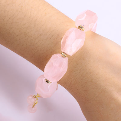 14MM Multifacético Rosa de piedra de cuarzo Cristal Brazalete de corazón tallado