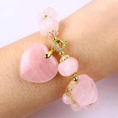 14MM Multifacético Rosa de piedra de cuarzo Cristal Brazalete de corazón tallado