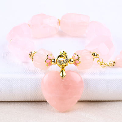 14MM Multifacético Rosa de piedra de cuarzo Cristal Brazalete de corazón tallado