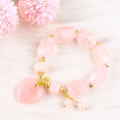 14MM Multifacético Rosa de piedra de cuarzo Cristal Brazalete de corazón tallado