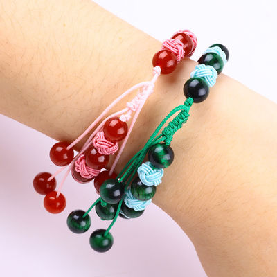 8 mm Ojo de tigre verde y calcedonia roja cuerda trenzada ajustable brazalete de cuentas de equilibrio curativo