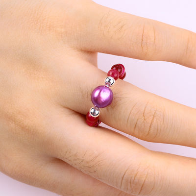 Anillo con cuentas de piedra preciosa hecha a mano de 4 mm, ajustable, elástico, rosa, rojo, de ojo de tigre, anillo de piedra para la fiesta, de uso diario
