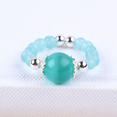 Anillo con cuentas de piedra preciosa hecha a mano de 4 mm, ajustable, elástico, verde, de ojo de gato, anillo de piedra para fiesta.