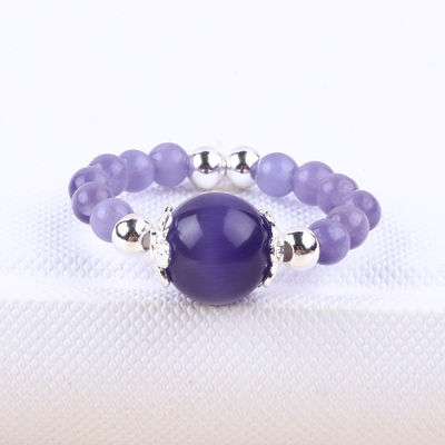 Anillo con cuentas de piedra preciosa hecha a mano de 4 mm anillo de ojo de gato de piedra de color púrpura elástico ajustable para el uso diario de la fiesta
