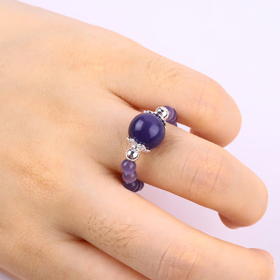 Anillo con cuentas de piedra preciosa hecha a mano de 4 mm anillo de ojo de gato de piedra de color púrpura elástico ajustable para el uso diario de la fiesta