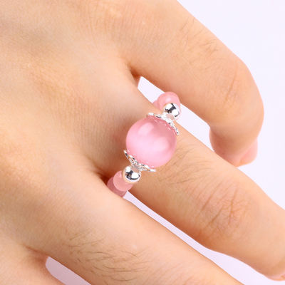 Anillo con cuentas de piedra preciosa hecha a mano de 4 mm anillo de ojo de gato de piedra rosa elástico ajustable para uso diario