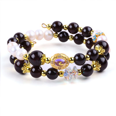 Granate de 8 mm y perla blanca con espaciador de flores con perlas doble brazalete para uso diario