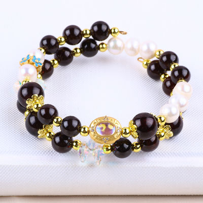 Granate de 8 mm y perla blanca con espaciador de flores con perlas doble brazalete para uso diario