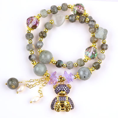 Labradorita de 7 mm y perla de agua dulce hecha a mano piedra preciosa púrpura oso de encanto pulsera de cuentas