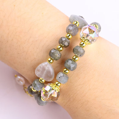 Labradorita de 7 mm y perla de agua dulce hecha a mano piedra preciosa púrpura oso de encanto pulsera de cuentas